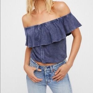 We the Free People Shirt Medium Blue Off Shoulder Crop Top Linen Blend